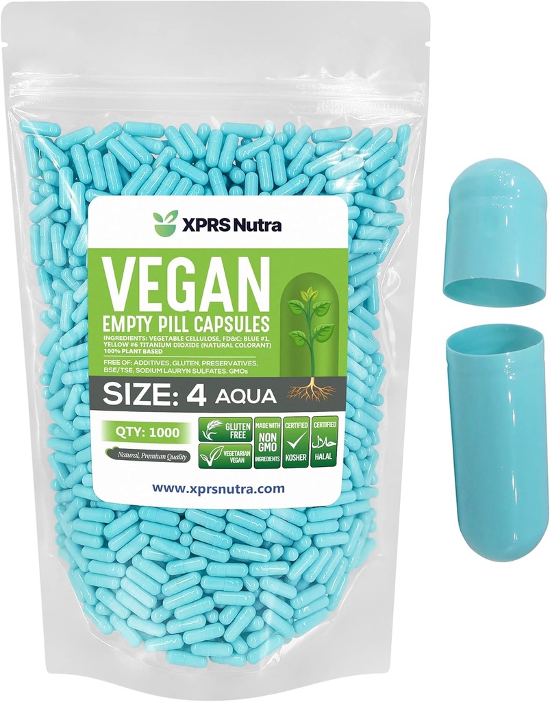 XPRS Nutra Maat 4 Lege Capsules - 1000 Tel Kleine Lege Vegan Capsules - DIY Plantaardige Capsule Vulbare Do-It-Yourself Veggie Pill Caps voor Supplementen (Aqua)