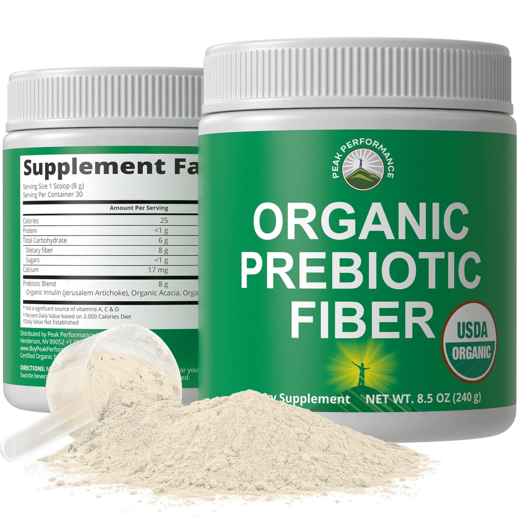 Biologische Prebiotic Fiber 3-in-1 Vegan poeder voor Gut Health. USDA Organic Raw Whole Food Plant Based Prebiotics Dispensive Supplement with Organic Inulin (Jerusalem Artichoke), Acacia Fibers, SunFiber