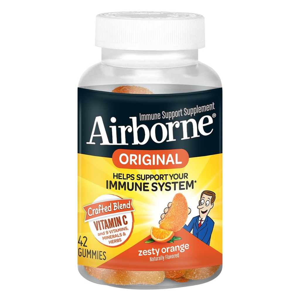 Airborne Vitamine C 750mg (per portie) Zesty Orange Flavored Gummies (42 Tel in een fles), Glutenvrije Immune Ondersteuning Supplement met Vitaminen A C E, Selenium, Echinacea, Gember, Antioxidant