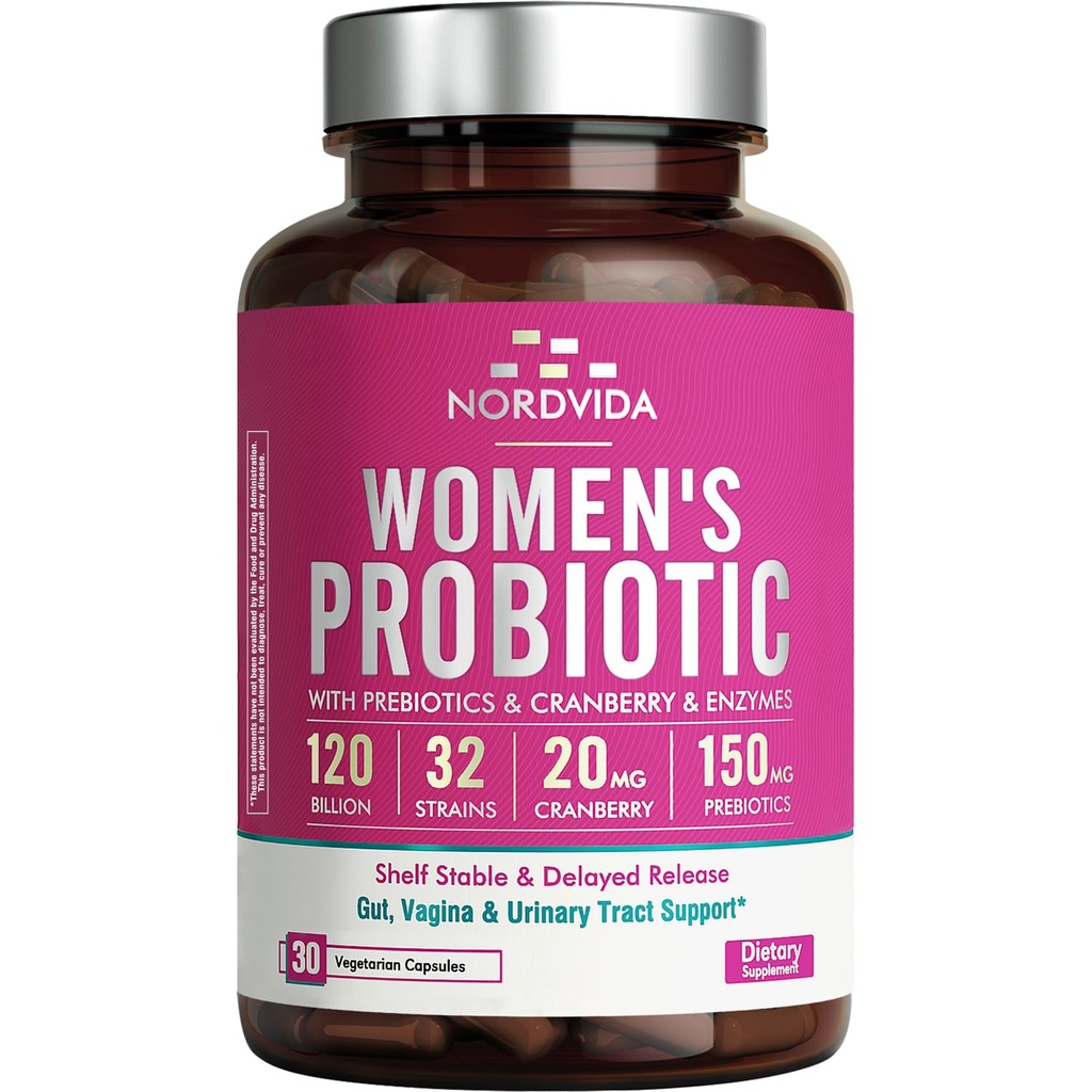 Vrouwenprobiotica, 120 miljard & 32 Strains met Cranberry, Prebiotica & Digestieve Enzymen, Gut, Vaginale & Urinaire Tract Ondersteuning, 30 capsules met vertraagde afgifte