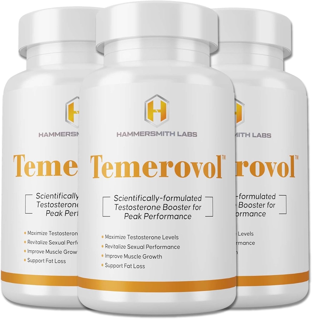 Temerovol - Mannelijke Supplement - Verbetert energie, sterkte & Libido - Lean Muscle Builder, 60 Capsules - 3 Bottle Bundle