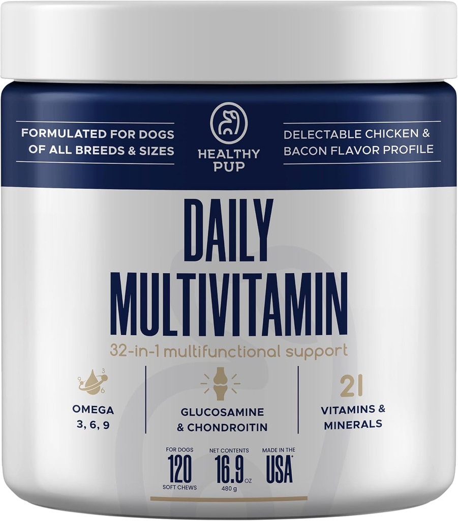 Honden Multivitamine Supplement - 120 Zachte kauwhond vitamines en supplementen met Omega, Probiotica, Glucosamine, en meer - voor kleine, grote en senior honden