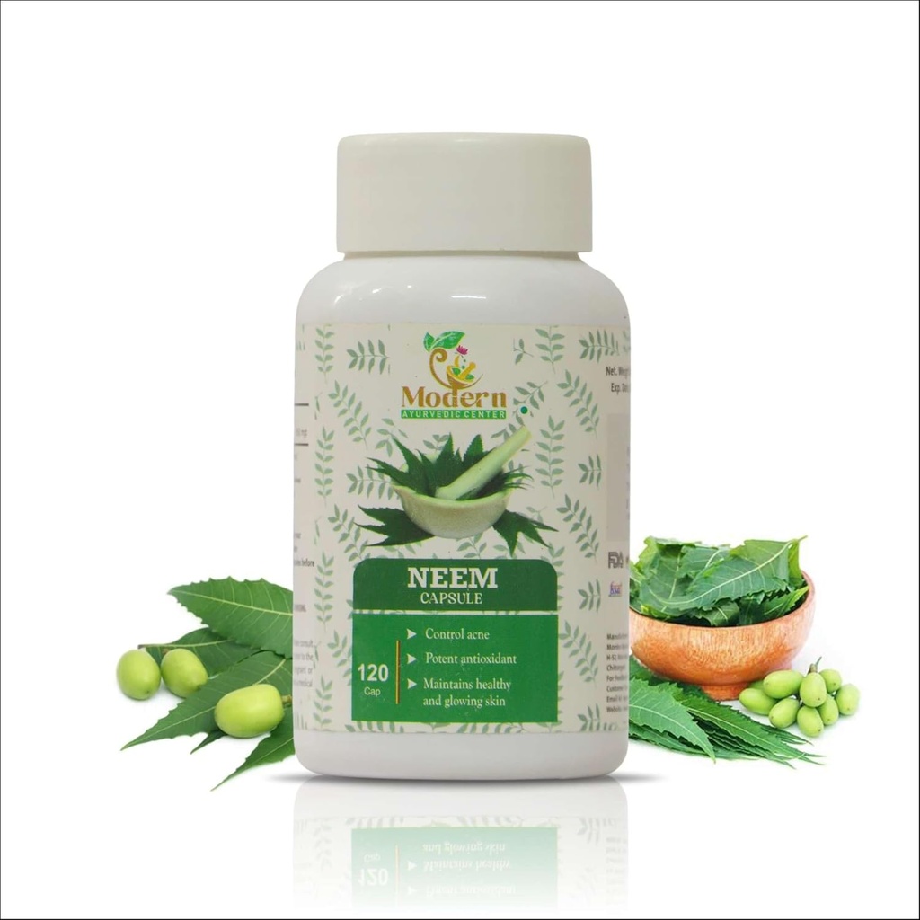 Modern Ayurvedisch Centrum Biologische Neem 120 Capsules Ondersteunt Acne Control, Antioxidant Bescherming, Gezonde en Gloeiende Huid Pure Neem (Azadirachta Indica) Supplement voor Natuurlijke Wellness