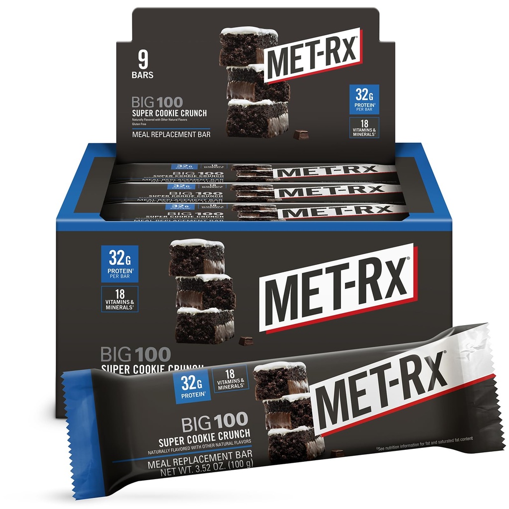 MET-Rx Big 100 Protein Bar, Maaltijd Vervanging Bar, 32G Proteïne, Super Cookie Crunch, 9 Bars (verpakking van 1)