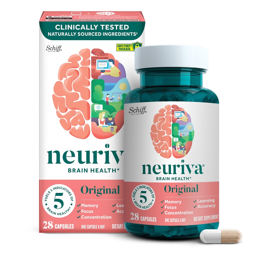NEURIVA Originele cafeïnevrije klinisch geteste Nootrope Hersensupplement voor geheugen, focus & concentratie, NeuroFactor & Fosfatidylserine, 28ct capsules