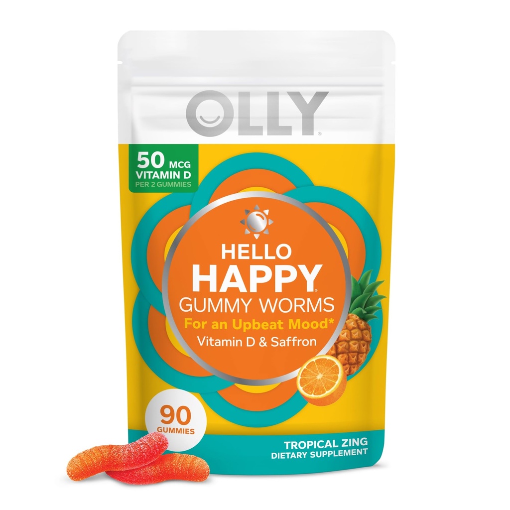 OLLY Hallo Happy Gummy Wormen, Mood Balance Support, Vitamine D, Saffraan, Volwassen Kauwbare Supplement, Glutenvrij, Tropische Zing - 90 Tellen