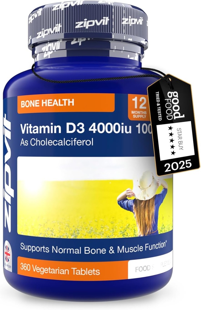 Zipvit Vitamin D3 4000iu x 360 Tablets - High Strength Vitamine D Ondersteunt Bot- & Spierfunctie - Onderhoudt Immuunstelsel Vegetarisch - 12 maanden Levering