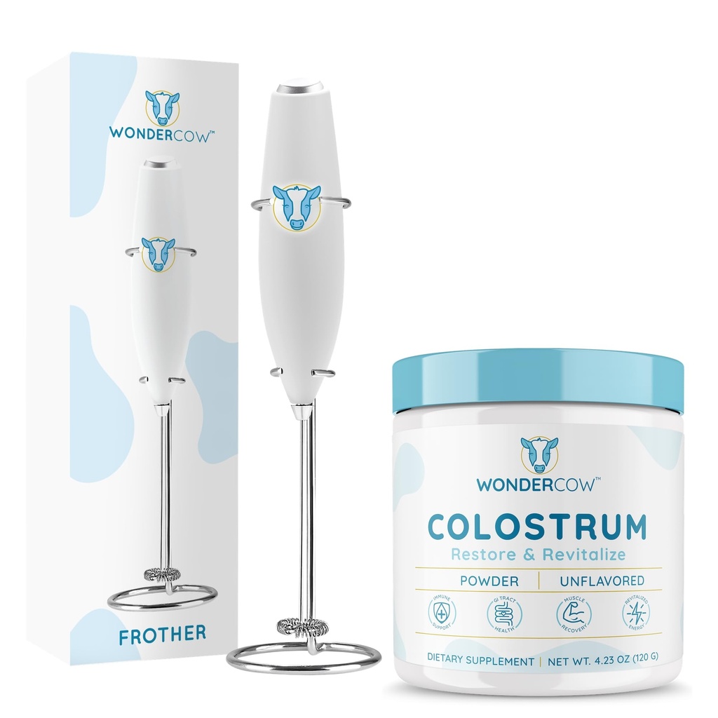 WONDERCOW Bovine Colostrum Powder Supplement for Gut Health, Immune Support, Muscle Recovery & Wellness Unflavored + Milk Frother High Powered Hand Mixer