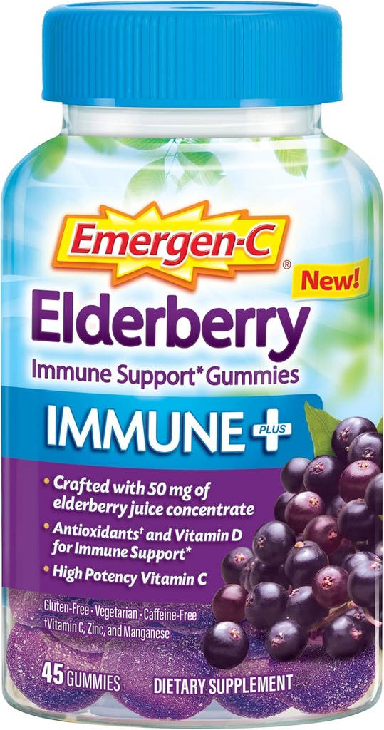 Emergen-C Immune+ Vlierbessen Gummies, 750 mg Vitamine C met vitamine D, Zink en Elektrolyten, Immune Support Dieetsupplement, Cafeïnevrij, Glutenvrij, Vlierbessensmaak - 45 Tel.
