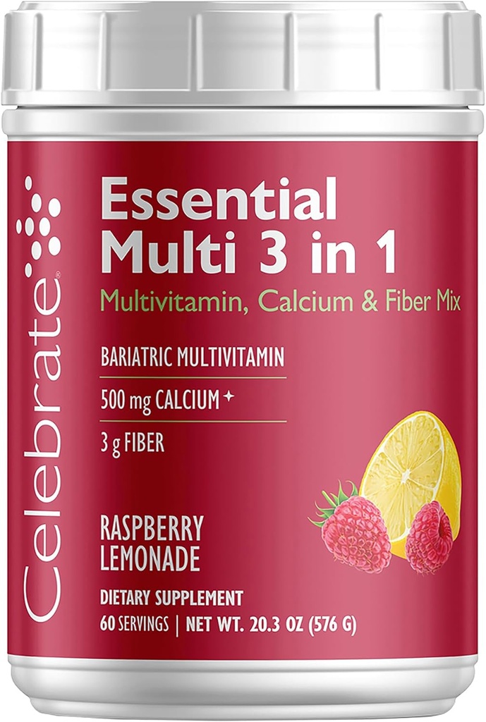 Vier vitamines 3-in-1 Bariatrische Multivitamine met Calcium Citroen Drink Mix - 500mg Calcium, Glutenvrij, Suikervrij - Poeder Blend voor Post Bariatrische Chirurgie - Rasp Limonade (60 Servers)