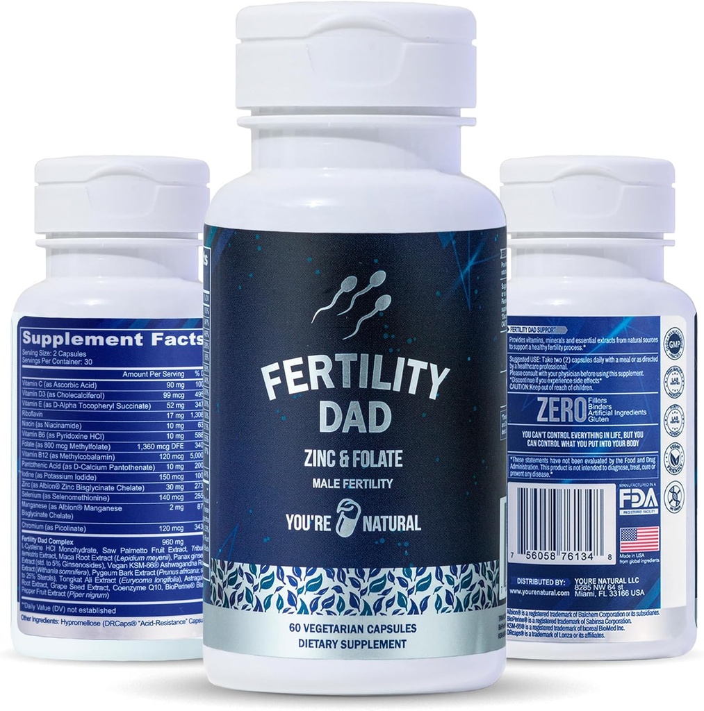 YOU'RE NATURAL Male Fertility Vitamins, Optimal Sperm Count, Motility, and Strength, Ashwagandha, Folic Acid 800 mcg, Magnesium, Maca Root, L-carnitine, Vitamin C, E, D3, Zinc | 30 Day Supply