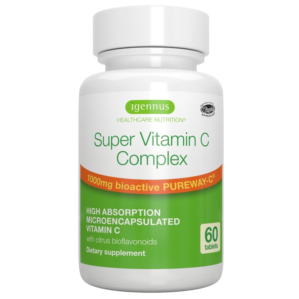Igennus Hoge Absorptie Super Vitamine C, Clean Label Pureway-C 1000mg, Vegan Vitamine C met Bioflavonoïden, 60 porties, 24-uurs actie, Immune Health, Energie, Hart & Hersenen
