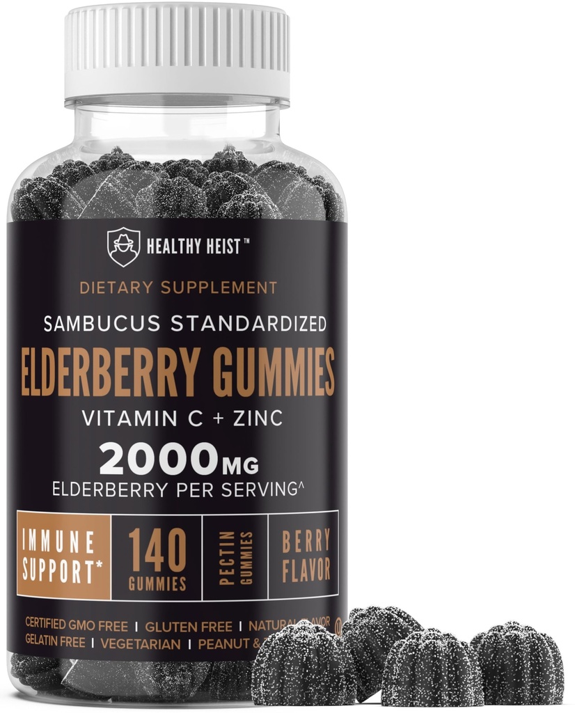 Sambucus Zwarte Vlierbessen Gummies met Zink en Vitamine C, 140 Gummies, Kauwbare Immune Ondersteuning voor volwassenen en kinderen, Niet GGO, Kosher, Pectin, Vegan, Delicious Berry Flavor