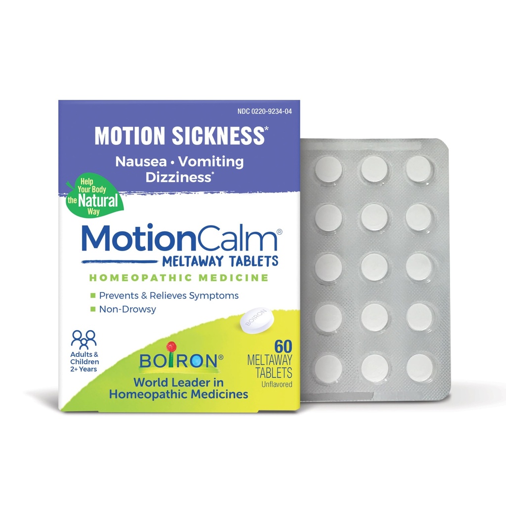 Boiron MotionCalm Relief for Misselijkheid, Braken, of Duizeligheid geassocieerd met Motion Disease als gevolg van reizen, Amusement Rides, en Video Games of VR - Niet-Drowsy - 60 Tellen