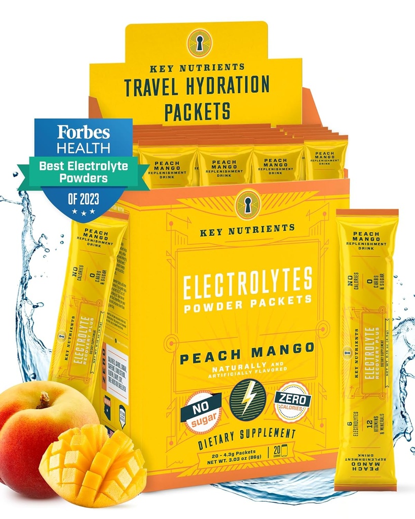 KEY NUTRIËNTEN Elektrolyten Poeder Pakjes - Tropical Peach Mango 20 Pack Hydration Packets - Travel Hydration Powder - No Sugar, No Calories, Glutenvrij - Made in USA