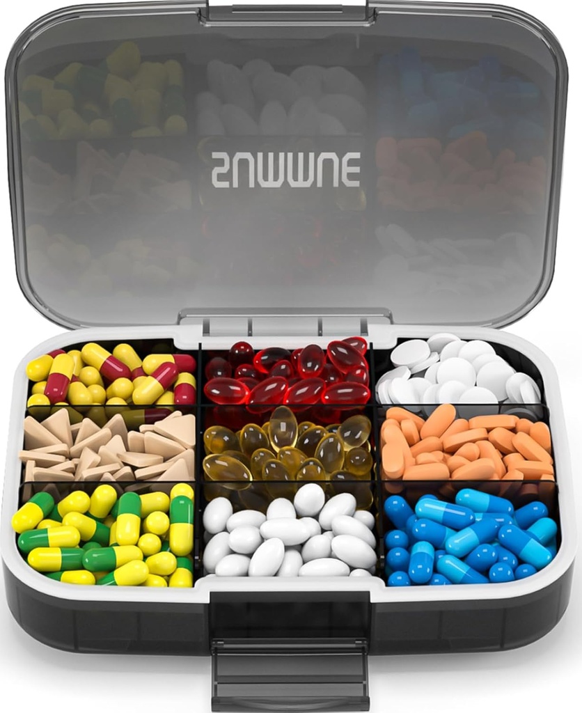 Grote pil Organisator, 9 Compartments Portable Travel Pill Box Case vocht Proof, XL pil container houder voor vitamines, kabeljauw leverolie, supplementen, medicatie (zwart)