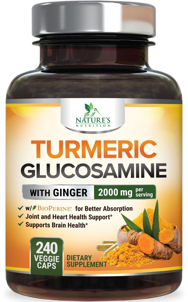 Kurkuma Curcumine Supplement 2000mg - 95% Curcuminoïden met Glucosamine, Gember & MSM, BioPerine Black Pepper voor Beste Absorptie, Nature's Vegan Joint Support, Non-GMO, Flested in USA - 240 Capsules