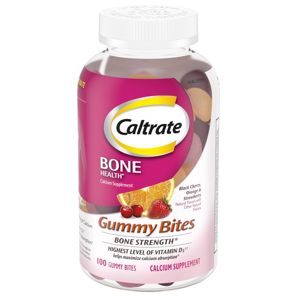 Caltrate Gummy Bites 500 mg Calcium en Vitamine D Supplement, Zwarte kers, Aardbei, Oranje - 100 Tellen