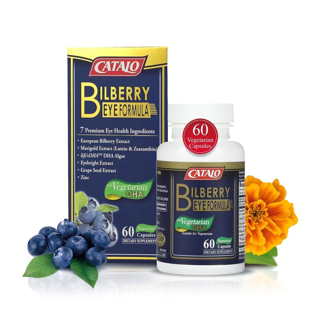 CATALO Bilberry Eye Formula met Vegetarian DHA - Eye Care Supplement met Mirtoselect Bilberry Extract, DHA uit Algen, Lutein, Zeaxanthine, Grape Seed Extract, en Zink - 60 Vegetarian Capsules