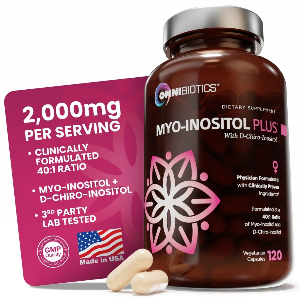 Omnibiotics Myo-Inositol & D-Chiro Inositol Supplement met 40:1 ratio voor Hormone Balance voor vrouwen - Vrouwen Supplement ter ondersteuning van reproductieve gezondheid en ovariële functie. Niet-GMO - 120 Vegan Capsules