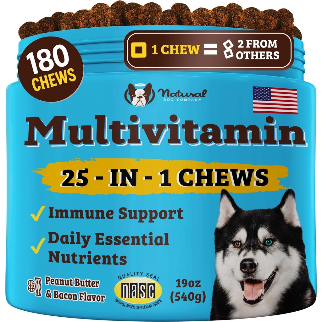 Natural Dog Company 25-in-1 Multivitamin for Dogs – Vet-Formulated Soft Chews for Puppies, Adults & Seniors, Supports Joints, Skin, Coat, Immune & Heart Health, NASC Certified, 180 Count