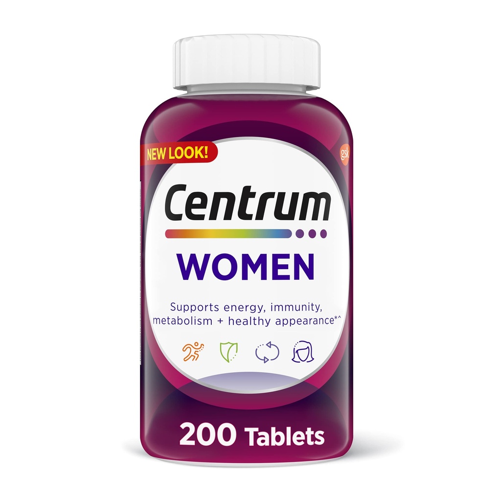 Centrum Multivitamine Tablet voor Vrouwen, Multivitamine/Multimineral Supplement met ijzer, vitamine D3, B Vitaminen en Antioxidant Vitaminen C en E, Glutenvrij, Niet-GMO Ingrediënten - 200 Tel.