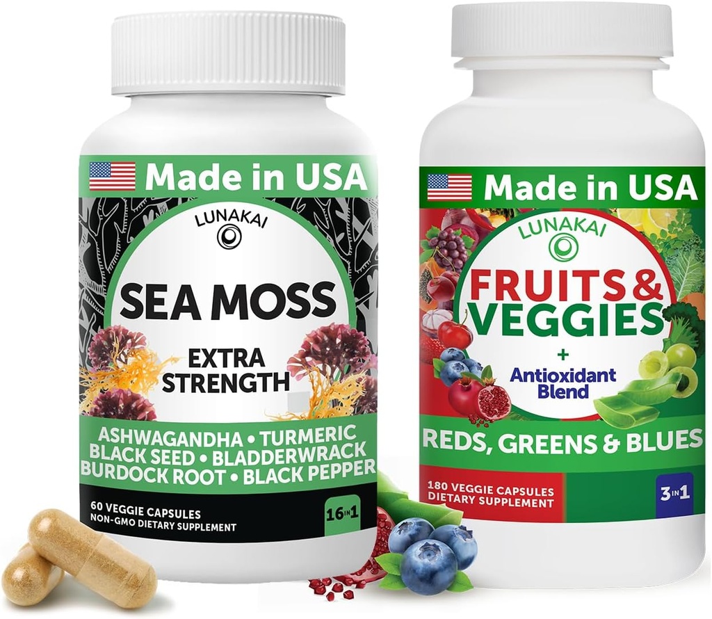 Lunakai USA Made Superfood Fruit & Veggies Supplement & Irish Sea Moss Bundle with 4 Blends, Black Seed Oil & Ashwagandha for Immune & Wellness Support