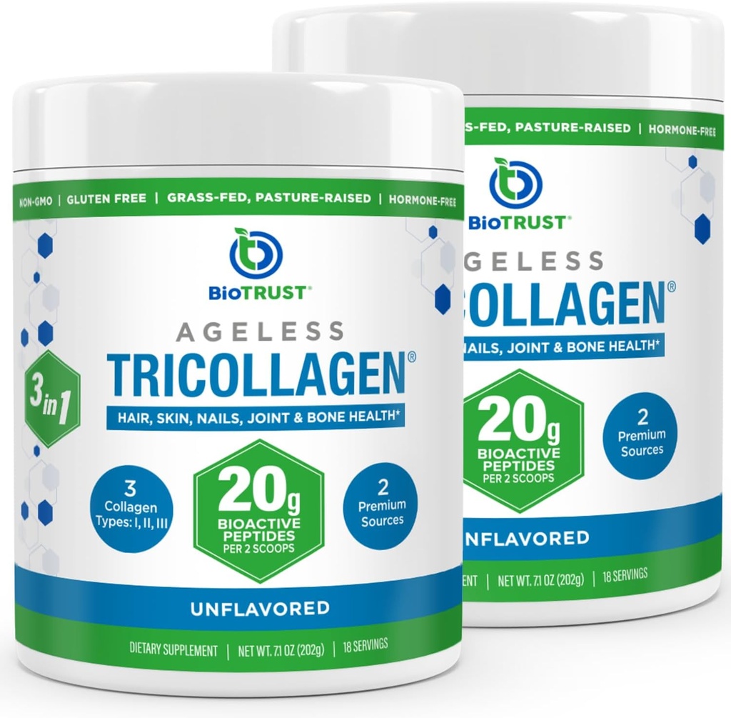 BioTrust Tri Collagen Powder - 3-in-1 Hydrolyzed Collagen Peptides Powder (Types I, II, & III) - Grass Fed Collagen Protein Powder for Anti Aging, Skin, Hair, Bone & Joint Health - Unflavored, 2-Pack