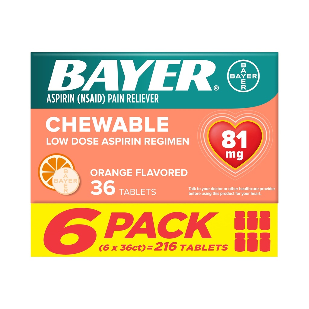 Bayer Aspirine Low Dose 81 mg kauwtabletten, pijnstiller, sinaasappelsmaak, 216 tabletten (6 verpakkingen)