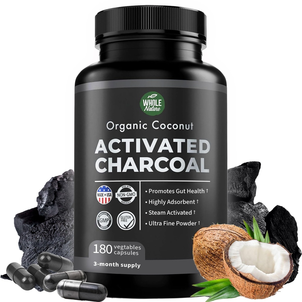 Pure Kokosnoot geactiveerde Charcoal Capsules - 180 Charcoal Pillen, helpt met tanden bleken, opgeblazen en lichaam reinigen. Non-GMO - Glutenvrij, Veganistisch