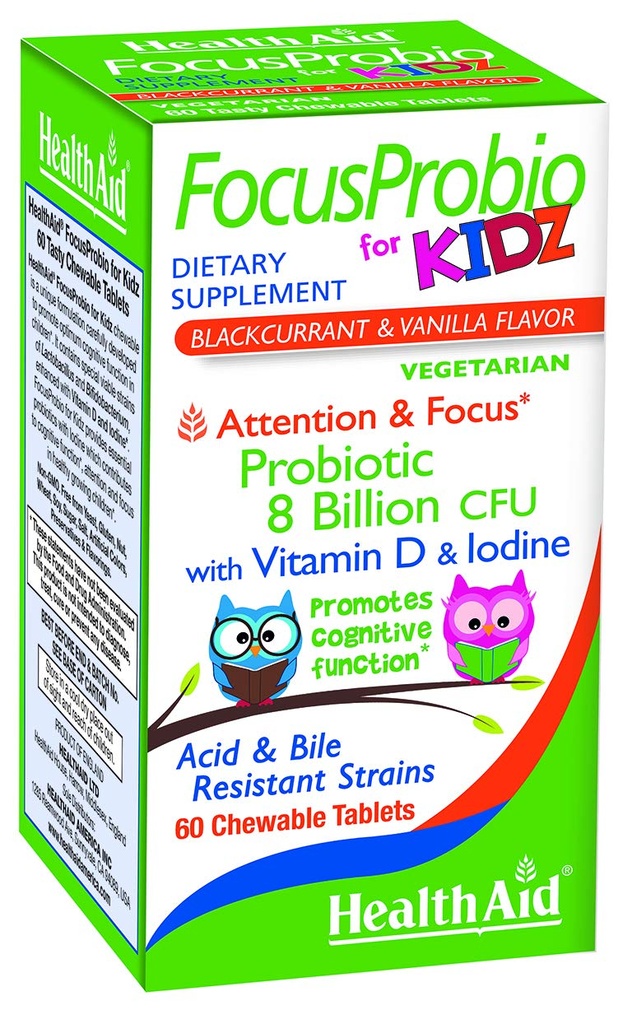 FocusProbio voor Kidz, 60 kauwtabletten, ondersteunt Cognitieve functie voor aandacht en focus. Zwarte bessen en Vanille smaak, Bevat vitamine D & Jodium. Acid & Bile Resistant Strains. Vegetarisch