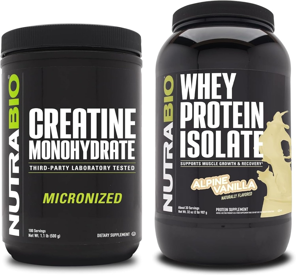 NutraBio Creatine Monohydraat, Unflavored, 500g en Wei Proteïne Isolaat, Alpine Vanille, Supplement Bundle - Spierenergie, Lean Spiergroei, Herstel, en kracht