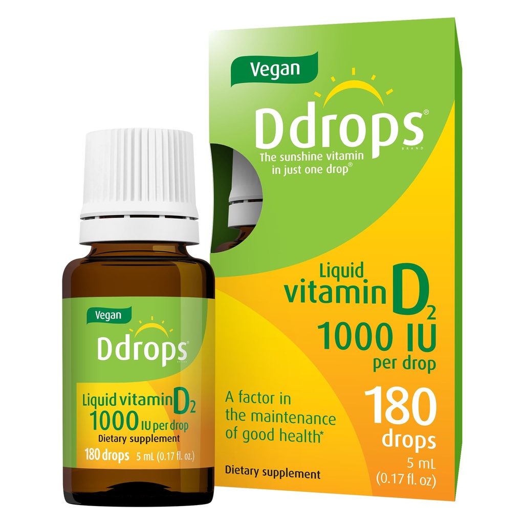 Ddrops Vegan 1000 IU 180 Drops - Daily Vitamin D Liquid - Supports Bone Health & Immune System. No Large Capsules, No Preservatives, Non-GMO, Allergy-Friendly