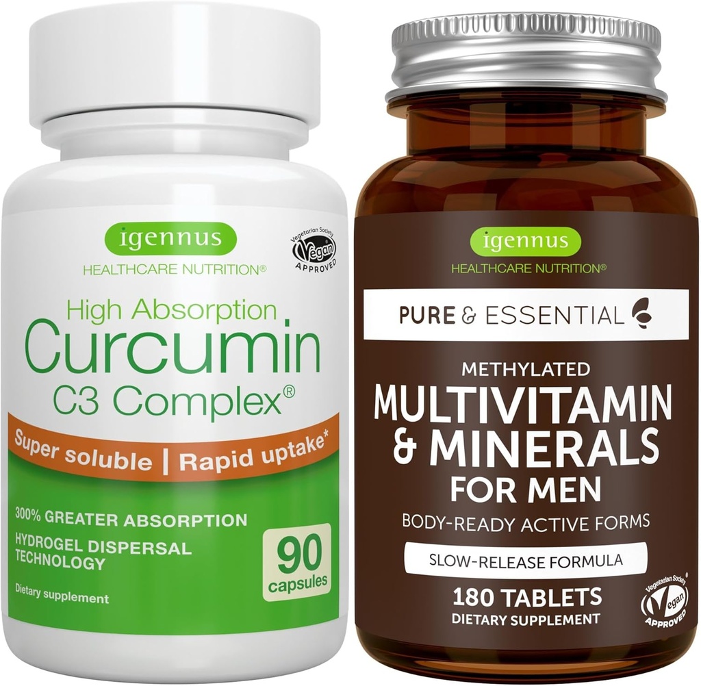 Multivitamine & mineralen voor mannen + Hoge Absorptie Curcumine C3 Complex, Vegan Bundle, Sustained Release Advanced Multivitamine + 300% Grotere Absorptie Curcuminoïden met Rapid Uptake, door Igennus
