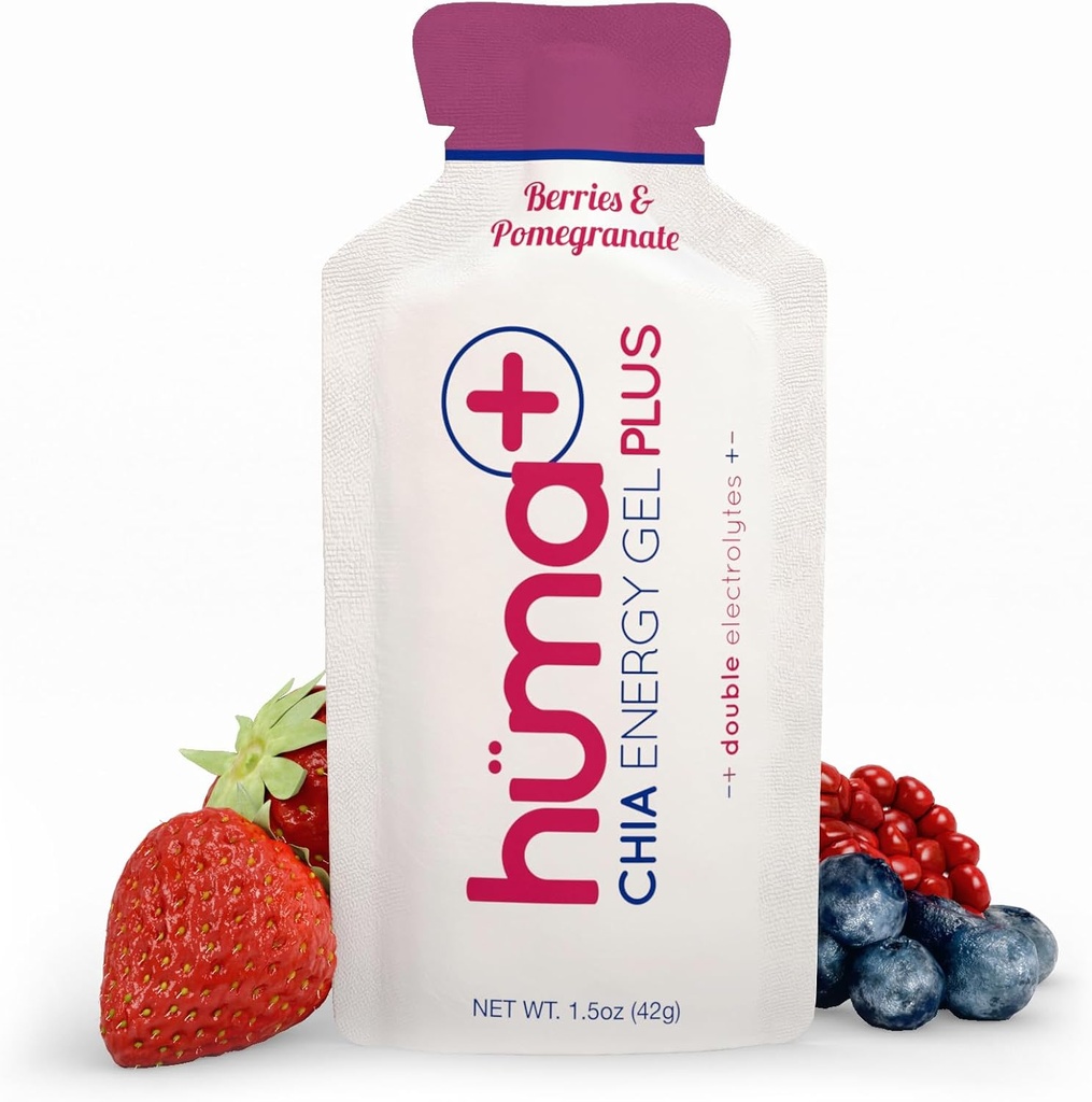 Huma Plus (Dubbele Elektrolyten) - Chia Energy Gel, Bessen & Granaatappel, 24 Gels - Maagvriendelijk, Real Food Energy Gels