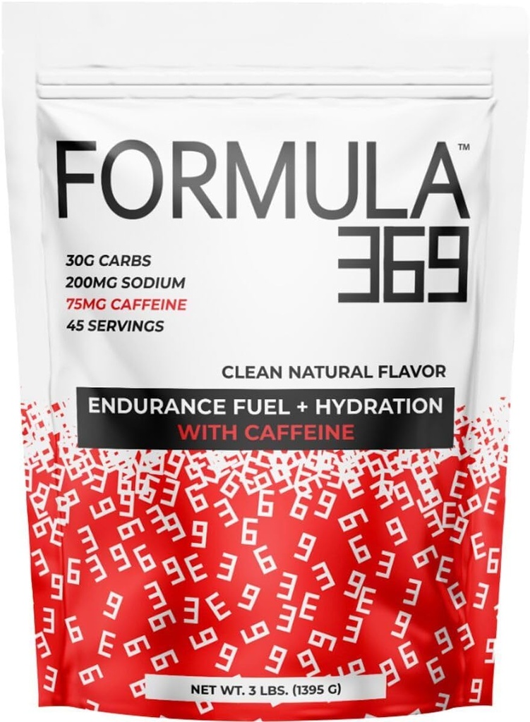 Formule 369 met Cafeïne, Endurance Fuel Drink Mix, 3 pond zak met 45 porties, 30 gram Carbs en 75 mg Cafeïne per portie, hoog carb Mix met 1:1 Ratio Glucose met Fructose, Vegan, Glutenvrij
