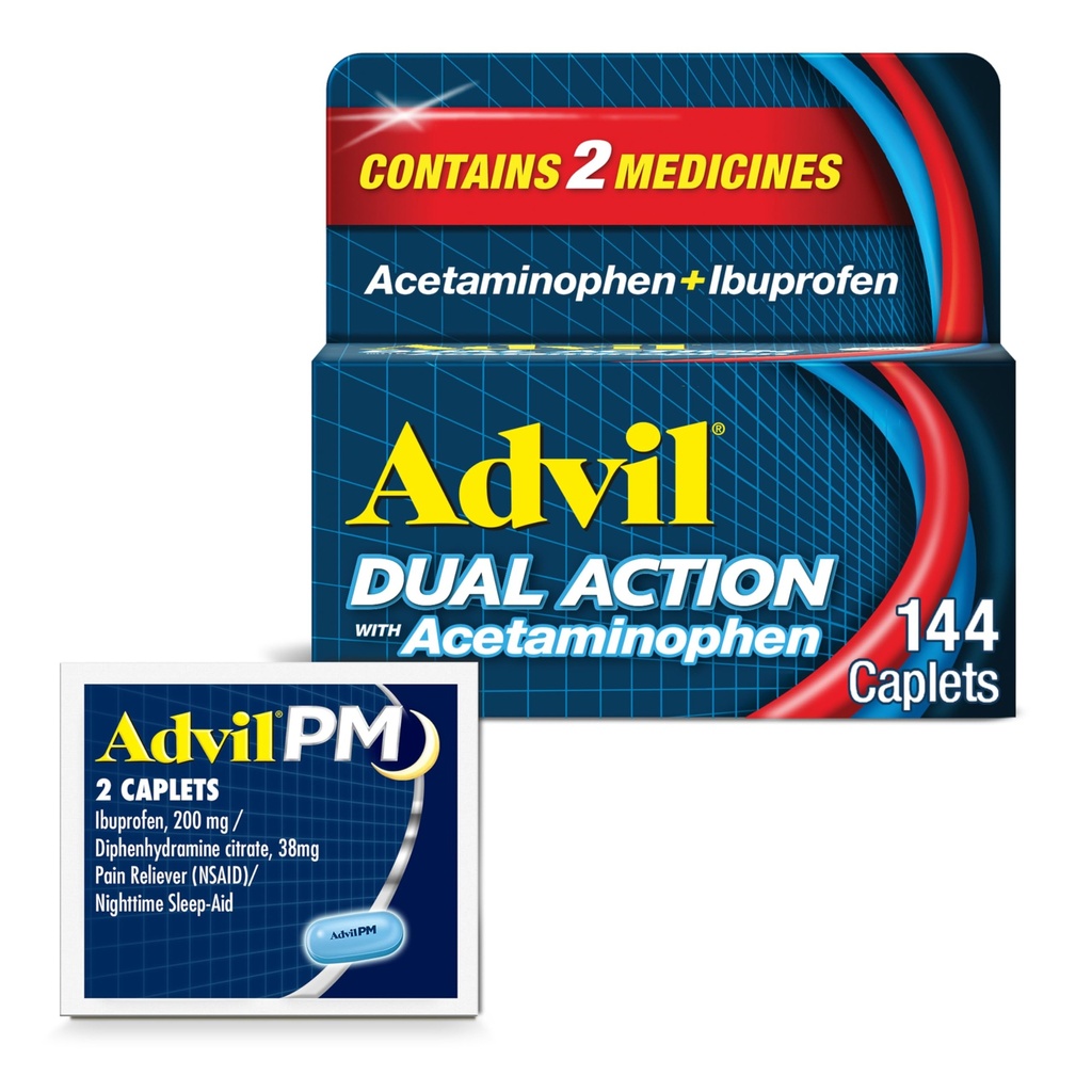 Advil Dual Action with Acetaminophen and Ibuprofen (2 doses equivalent) For 8 Hour Pain Relief, Coated 144 Ct Caplets And 2 Ct. Sample of Advil PM