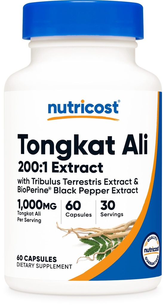 Nutricost Tongkat Ali 1000mg 60 Capsules - met Tribulus Terrestris en BioPerine, Vegetarische Caps, Non-GMO, Glutenvrij, Krachtig Extract