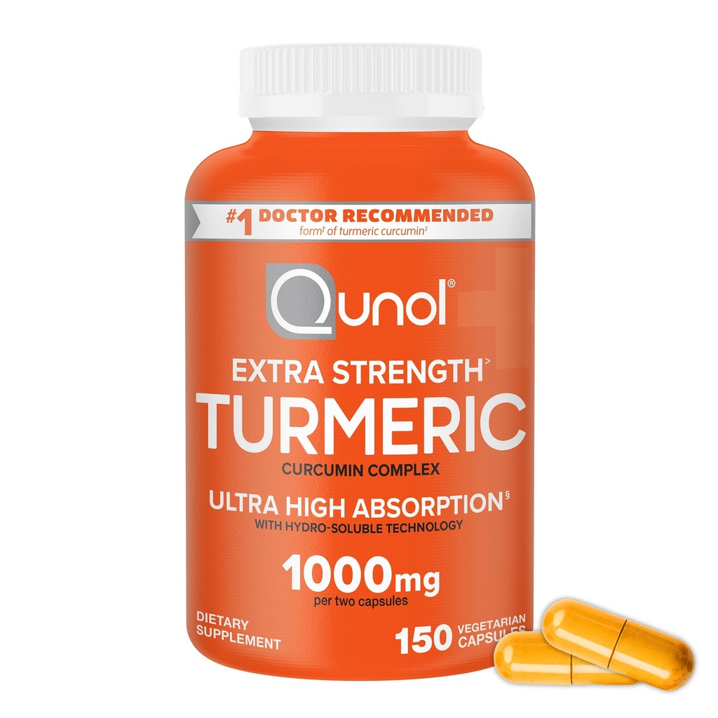 Qunol Kurkuma Curcumine Supplement, 1000mg met Ultra High Absorptie, voor gezamenlijke ondersteuning, Extra sterkte Capsules, 150 Tellen