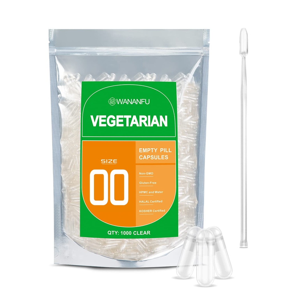 wananfu Maat 00 Lege capsules Vegetarische (1000 Telling) Bundel met Micro Lab Lepel, Wis Vulbare Veggie Pill Capsules 00 voor het maken van uw eigen supplementen