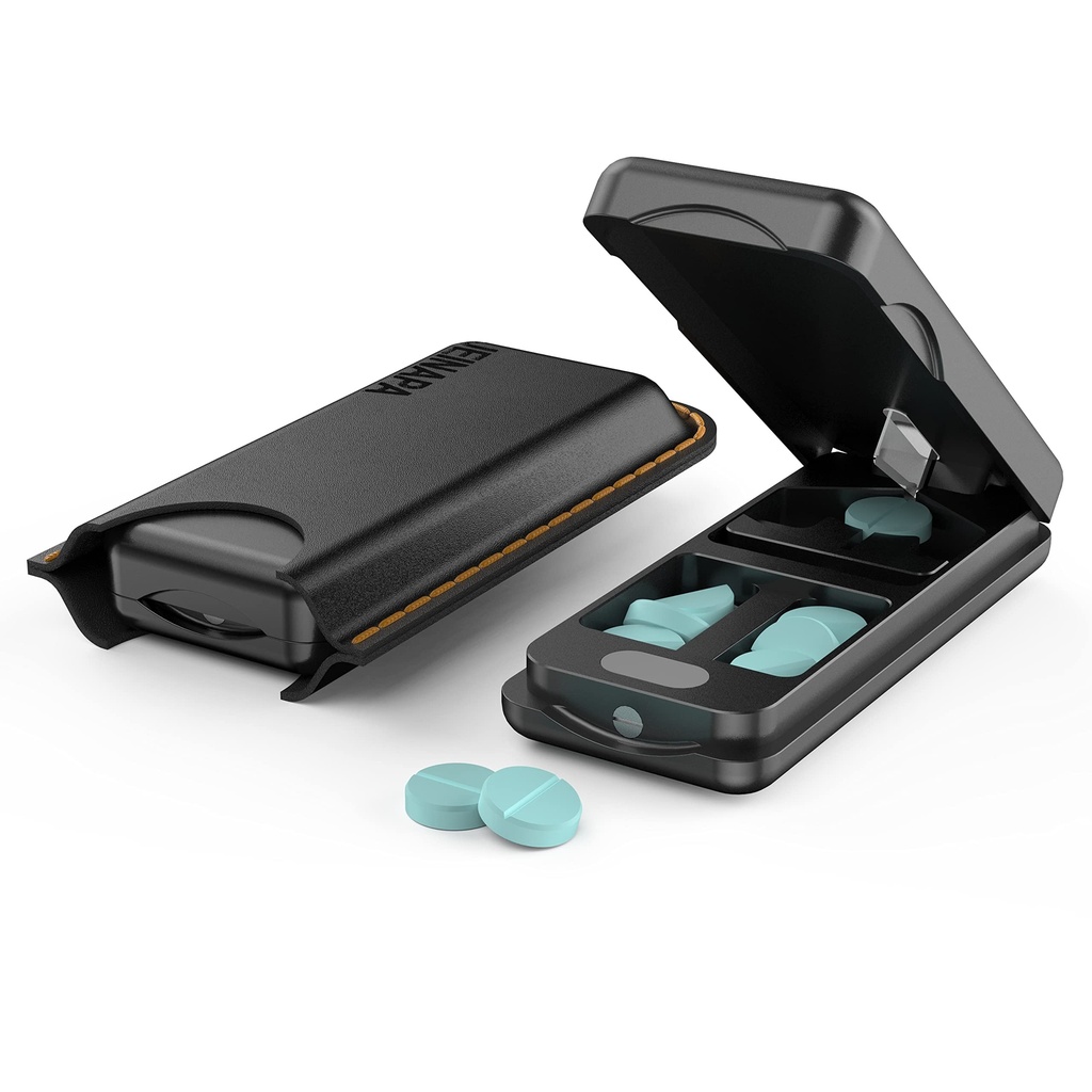 Pillensnijder met Auto Centering Device, Aluminium Pill Splitter met 316L Roestvrij Blade, Originele Lederen Case, Professionele Pill Splitter voor het snijden van kleine pillen of grote pillen (zwart)