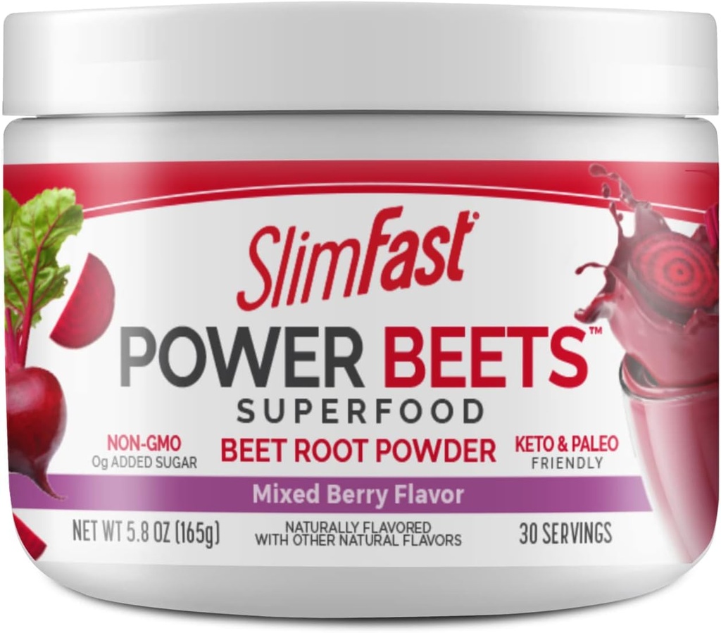 SlimFast Beet Root Powder, Beets Powder Superfood, Fermented Vegetable Drink Mix, Keto & Paleo Friendly, Non GMO, Great Smoothie Mix- Power Beets Mixed Berry Flavor- 30 Servings (Pack of 1)