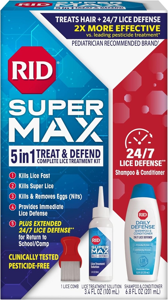 RID Super Max Lice Treatment Kit, doodt Lice & Super Lice & Eggs + 24/7 Lice Defense, Pesticide Free, 3.4 FL OZ Solution + 6.8 FL OZ Daily Defense Shampoo & Conditioner + Nit Removal Comb