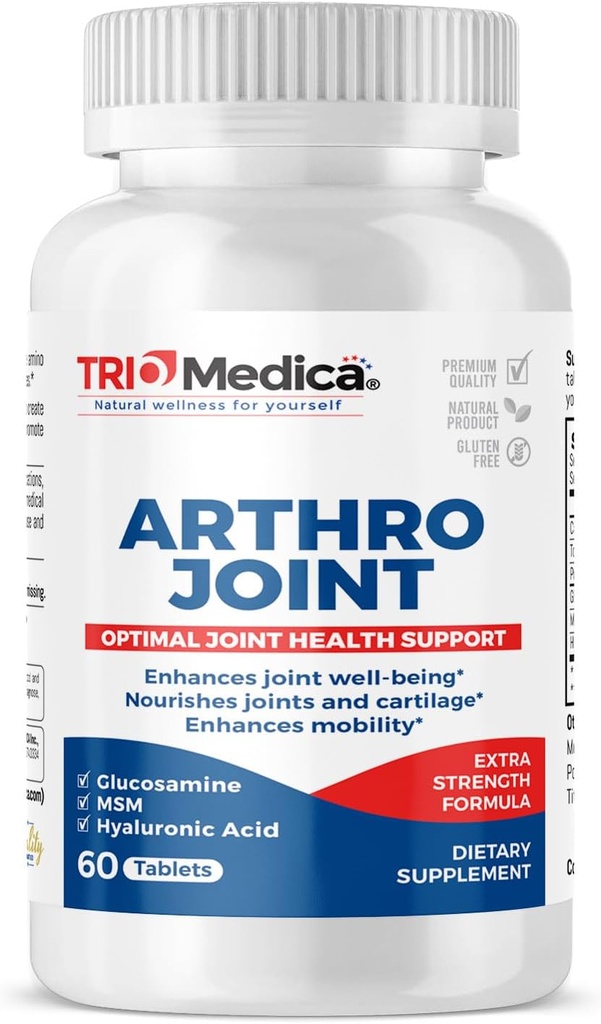 Artro Joint Glucosamine MSM + Hyaluronzuur Tablet, ondersteunt gezonde gezamenlijke structuur, functie & comfort, non-GMO, glutenvrij, sojavrij, 60 tellingen (verpakking van 1)
