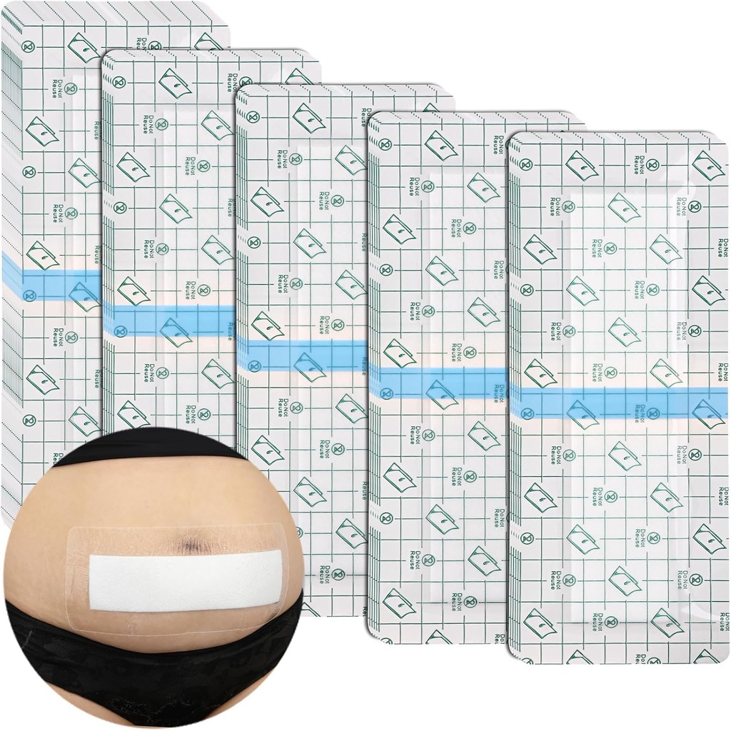 C-sectie Waterdichte buikincisie Bandages Post Hysterectomie Tummy Tuck Douche Beschermer Scar Cover met beschermende pad Patches Eiland Dressing Tapes Grote Wond Care Supplies 4x10 Pack van 25