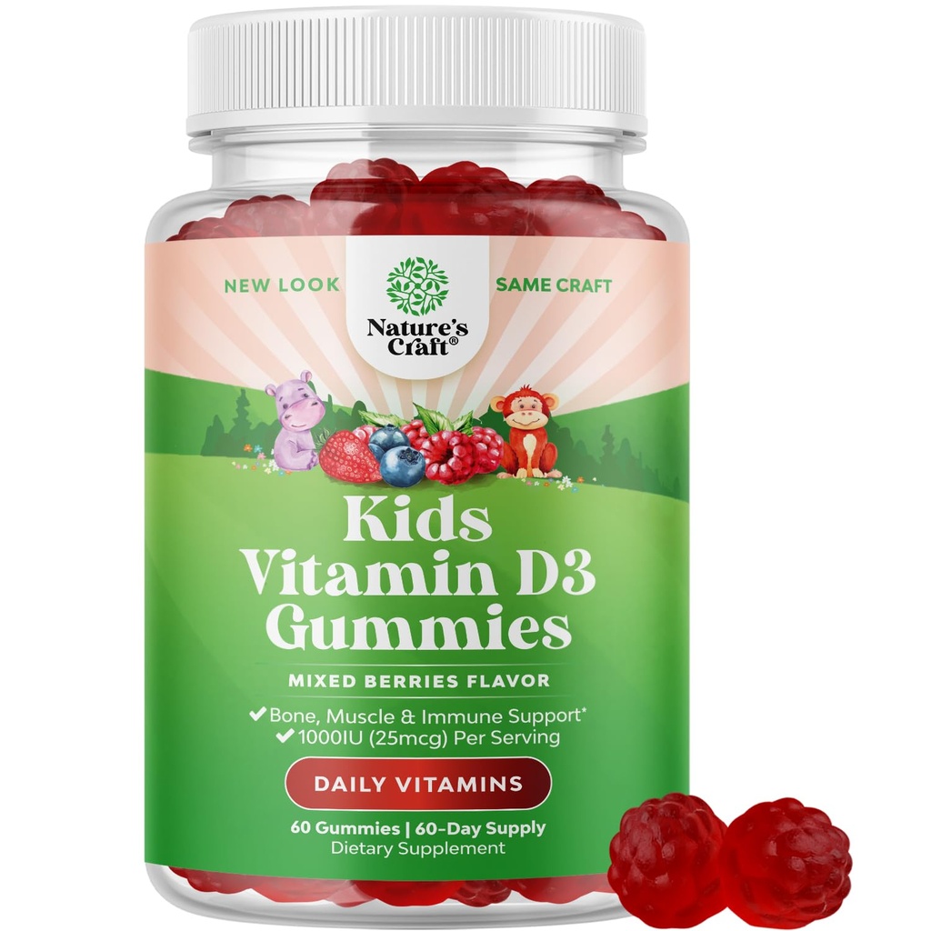 Kauwbare vitamine D Gummies voor kinderen - Heerlijke vitamine D 1000 IE per portie - Peuter Immuun Ondersteuning Gummies - Bessen Gearomatiseerde supplement voor botten Gezondheid en spieren - Gelatinevrij - 60 Kauwen