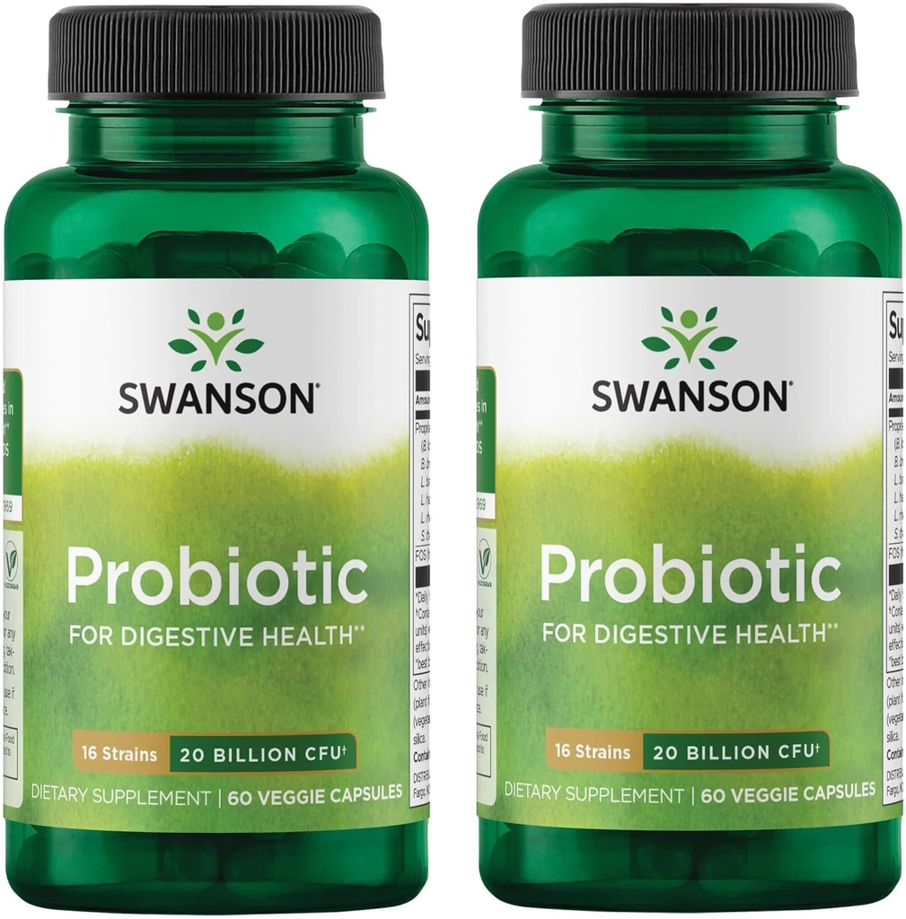 Swanson Probiotic for Dispensive Health GI Tract Immune Support Travelers Support 20 Miljard CFU met Prebiotic FOS 60 Veggie Capsules (Caps) (2 Pack)