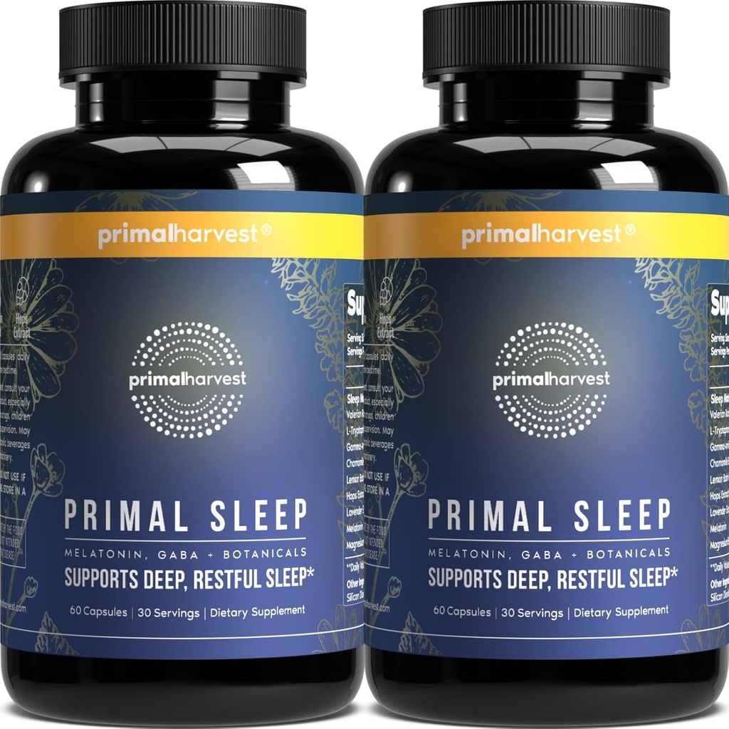 Primal Harvest 2 Pack, Primal Sleep, 120 Capsules met Valeriaanwortel, L-Tryptofaan, GABA, kamille en Melatonine 3mg