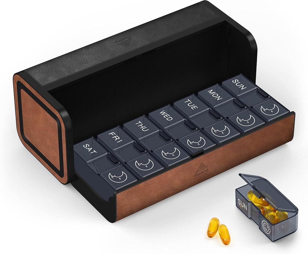 Medicine Pill Organizer, 7 Dagen PM Pill Box 2 keer per dag, Travel Leather Pill Case, Druk op de dubbele opening, Houdt medicatie vitamines Visolie en supplementen (zwart en bruin)