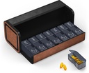 Medicine Pill Organizer, 7 Dagen PM Pill Box 2 keer per dag, Travel Leather Pill Case, Druk op de dubbele opening, Houdt medicatie vitamines Visolie en supplementen (zwart en bruin)
